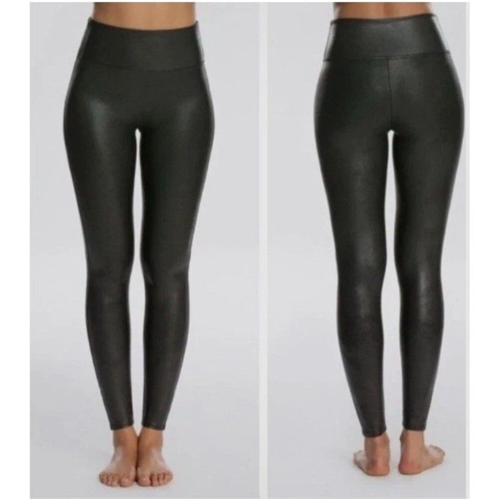 SPANX Black Faux Leather Leggings Women's Size XL Slimming High Rise Shapewear